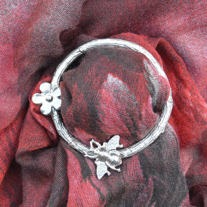 Bee and Daisy Scarf Ring, Oak Twig Circle, Handcast Pewter, Polished Finish