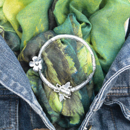 Bee and Daisy Scarf Ring, Oak Twig Circle, Handcast Pewter, Polished Finish