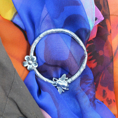 Bee and Daisy Scarf Ring, Oak Twig Circle, Handcast Pewter, Polished Finish