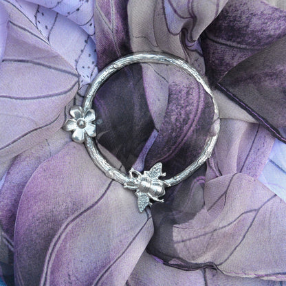 Bee and Daisy Scarf Ring, Oak Twig Circle, Handcast Pewter, Polished Finish