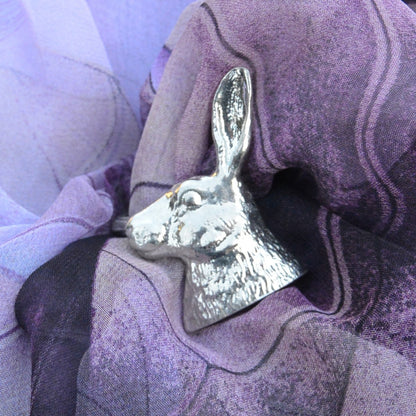 Hare Head Scarf Ring, Handcast Pewter, Polished Finish