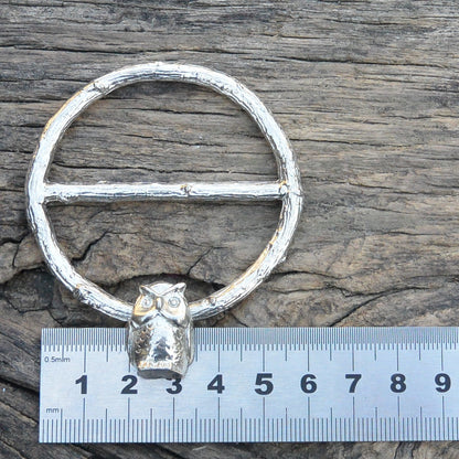 Owl Scarf Ring, Oak Twig Circle, Handcast Pewter, Polished Finish