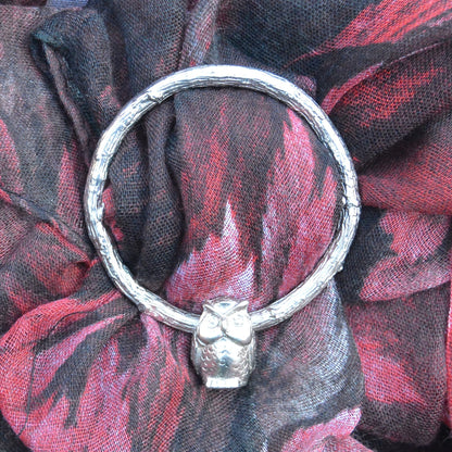 Owl Scarf Ring, Oak Twig Circle, Handcast Pewter, Polished Finish