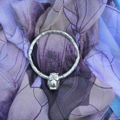 Owl Scarf Ring, Oak Twig Circle, Handcast Pewter, Polished Finish