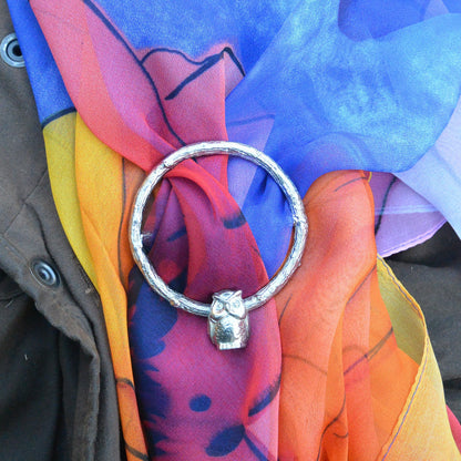 Owl Scarf Ring, Oak Twig Circle, Handcast Pewter, Polished Finish