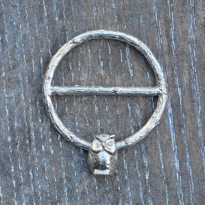 Owl Scarf Ring, Oak Twig Circle, Handcast Pewter, Polished Finish