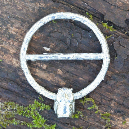 Owl Scarf Ring, Oak Twig Circle, Handcast Pewter, Polished Finish