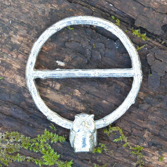Owl Scarf Ring, Oak Twig Circle, Handcast Pewter, Polished Finish