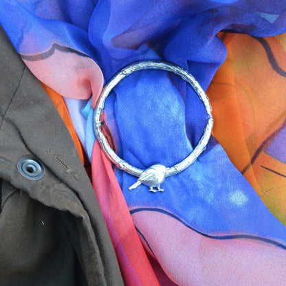 Robin Scarf Ring, Oak Twig Circle, Handcast Pewter, Polished Finish