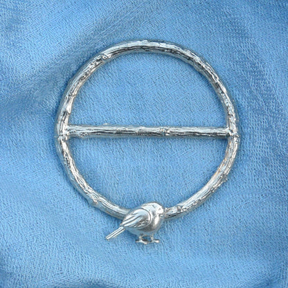 Robin Scarf Ring, Oak Twig Circle, Handcast Pewter, Polished Finish