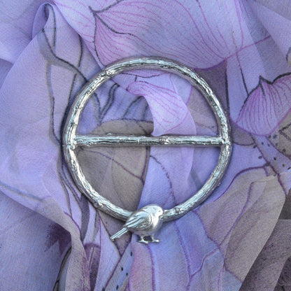 Robin Scarf Ring, Oak Twig Circle, Handcast Pewter, Polished Finish