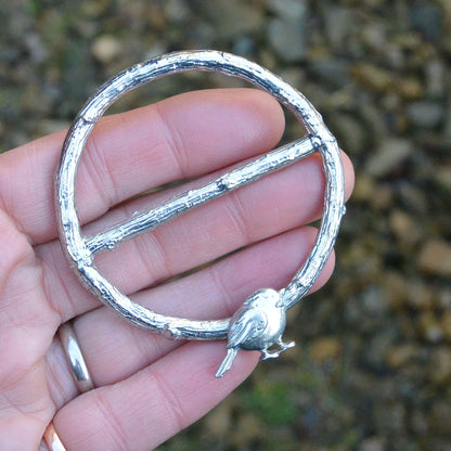 Robin Scarf Ring, Oak Twig Circle, Handcast Pewter, Polished Finish
