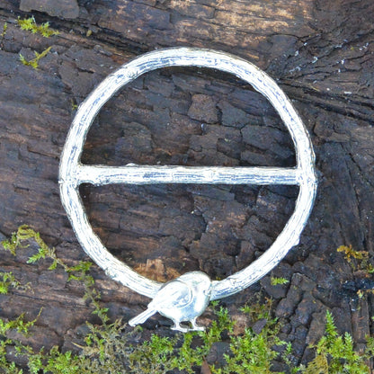 Robin Scarf Ring, Oak Twig Circle, Handcast Pewter, Polished Finish