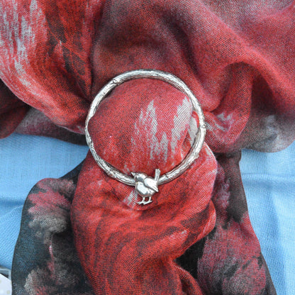 Wren Scarf Ring, Oak Twig Circle, Handcast Pewter, Polished Finish