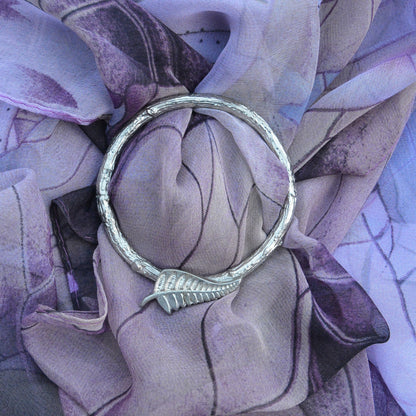 New Zealand Fern Scarf Ring, Oak Twig Circle, Handcast Pewter, Polished Finish