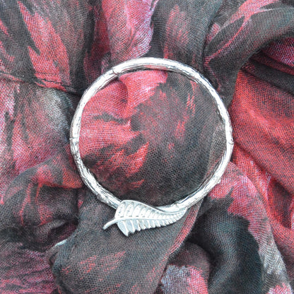 New Zealand Fern Scarf Ring, Oak Twig Circle, Handcast Pewter, Polished Finish