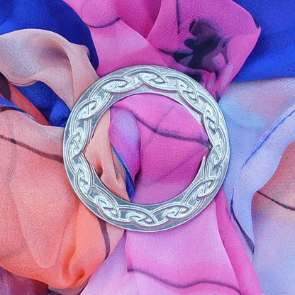 Celtic Plait Scarf Ring (Wider), Handcast Pewter Circle, Polished Finish