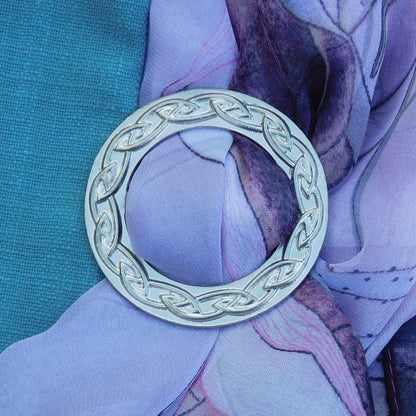 Celtic Plait Scarf Ring (Wider), Handcast Pewter Circle, Polished Finish