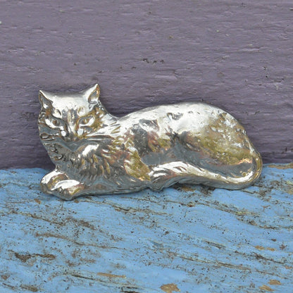 Cat Brooch (Lying Design), Handcast Pewter, Polished Finish