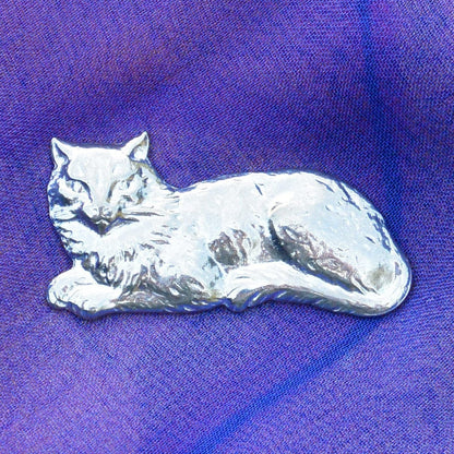Cat Brooch (Lying Design), Handcast Pewter, Polished Finish