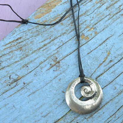 Spiral Pendant Necklace, Chunky Spiral Design, Handcast Pewter on Adjustable Waxed Cord