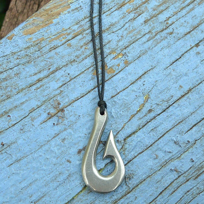 Maori Fish Hook Pendant Necklace (Minimalist Design), Handcast Pewter Pendant on Adjustable Waxed Cord