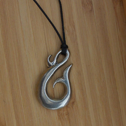 Whale Tail Hook Pendant Necklace, Handcast Pewter Pendant on Adjustable Waxed Cord