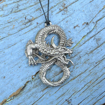 Dragon Pendant Necklace, Handcast Pewter on Adjustable Waxed Cord