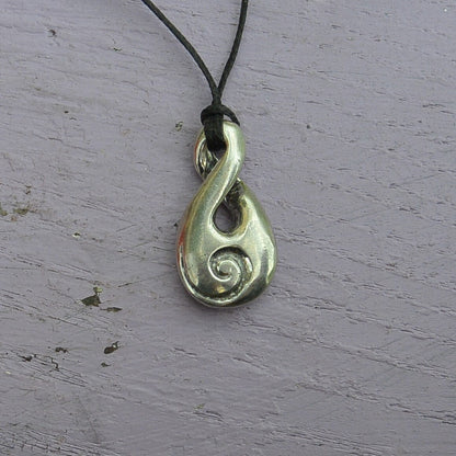 Infinity Loop Pendant Necklace with Koru Spiral, Handcast Pewter Pendant on Adjustable Waxed Cord