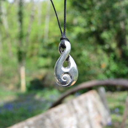 Infinity Loop Pendant Necklace with Koru Spiral, Handcast Pewter Pendant on Adjustable Waxed Cord