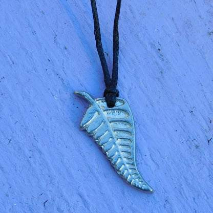 New Zealand Silver Fern Pendant Necklace, Handcast Pewter Pendant on Adjustable Waxed Cord