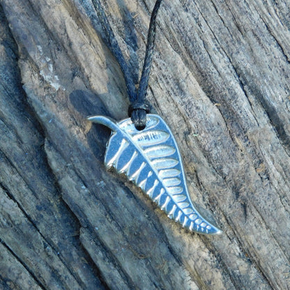 New Zealand Silver Fern Pendant Necklace, Handcast Pewter Pendant on Adjustable Waxed Cord