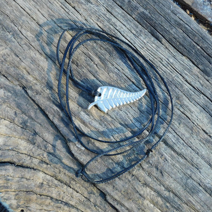 New Zealand Silver Fern Pendant Necklace, Handcast Pewter Pendant on Adjustable Waxed Cord