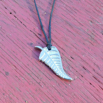 New Zealand Silver Fern Pendant Necklace, Handcast Pewter Pendant on Adjustable Waxed Cord