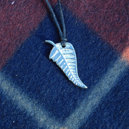 New Zealand Silver Fern Pendant Necklace, Handcast Pewter Pendant on Adjustable Waxed Cord