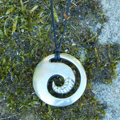 Koru Fern Pendant Necklace, Handcast Pewter on Adjustable Waxed Cord