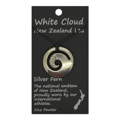 Koru Fern Pendant Necklace, Handcast Pewter on Adjustable Waxed Cord