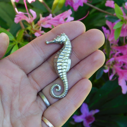 Seahorse Brooch, Handcast Pewter, Polished Finish
