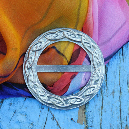 Celtic Plait Scarf Ring (Wider), Handcast Pewter Circle, Polished Finish