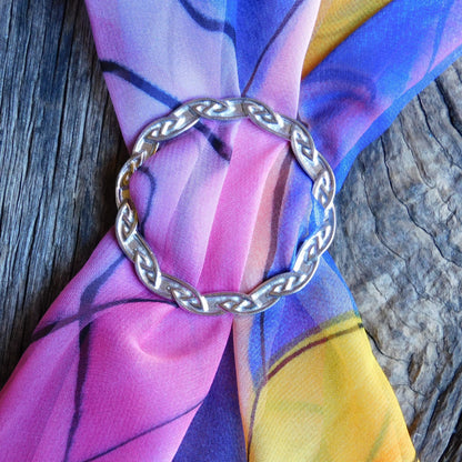 Celtic Plait Scarf Ring (Narrow), Handcast Pewter Circle, Polished Finish