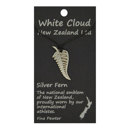 New Zealand Silver Fern Pendant Necklace, Handcast Pewter Pendant on Adjustable Waxed Cord