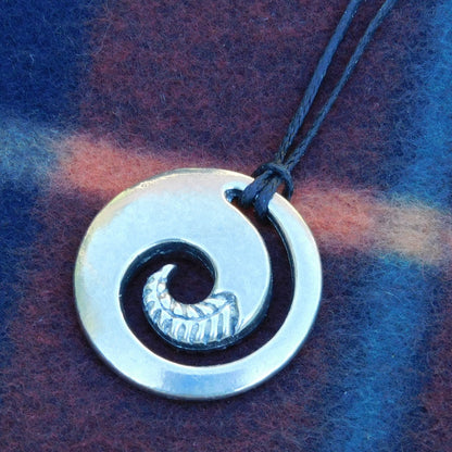 Koru Fern Pendant Necklace, Handcast Pewter on Adjustable Waxed Cord