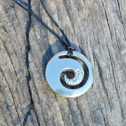 Koru Fern Pendant Necklace, Handcast Pewter on Adjustable Waxed Cord