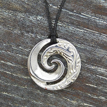 Koru Wave Spiral Pendant Necklace, Handcast Pewter Pendant on Adjustable Waxed Cord