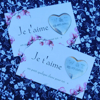 Two Personalised Heart Pocket Tokens, His and Hers French Love Token, Je T’Aime, Handmade in Fine Pewter, by William Sturt