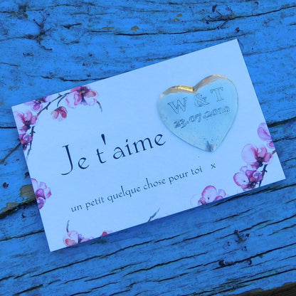 Personalised Heart Pocket Token, French Love Token, Je T’Aime, Handmade in Fine Pewter, by William Sturt