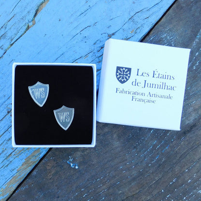 Personalised Shield Cufflinks, Handcast Pewter Cufflinks, Polished Finish