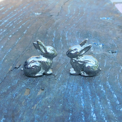 Rabbit Figurines, Two Tiny Rabbits, Handmade, in Fine Pewter, by William Sturt