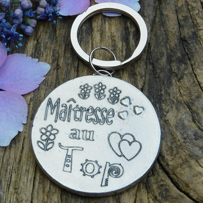French Keyring, Maîtresse Au Top, Personnalised Keyring, French Papa Keyring, Handmade, in Finest Pewter, by William Sturt