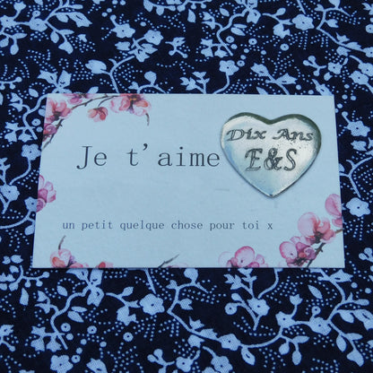 Personalised Heart Pocket Token, French Love Token, Je T’Aime, With Initials. Handmade in Fine Pewter, by William Sturt